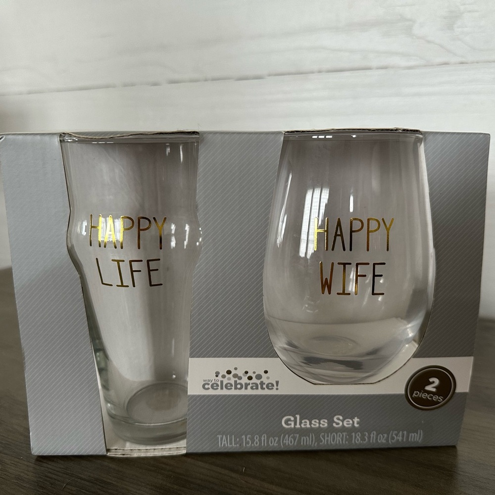 Happy Wife/Happy Life 18 oz Wine Glass/16 oz Beer Glass Set